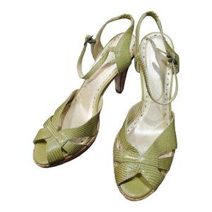 BCBGirls Womens Green Cork Pumps Open Toe High Heel Buckle Strap Leather Sz 8B